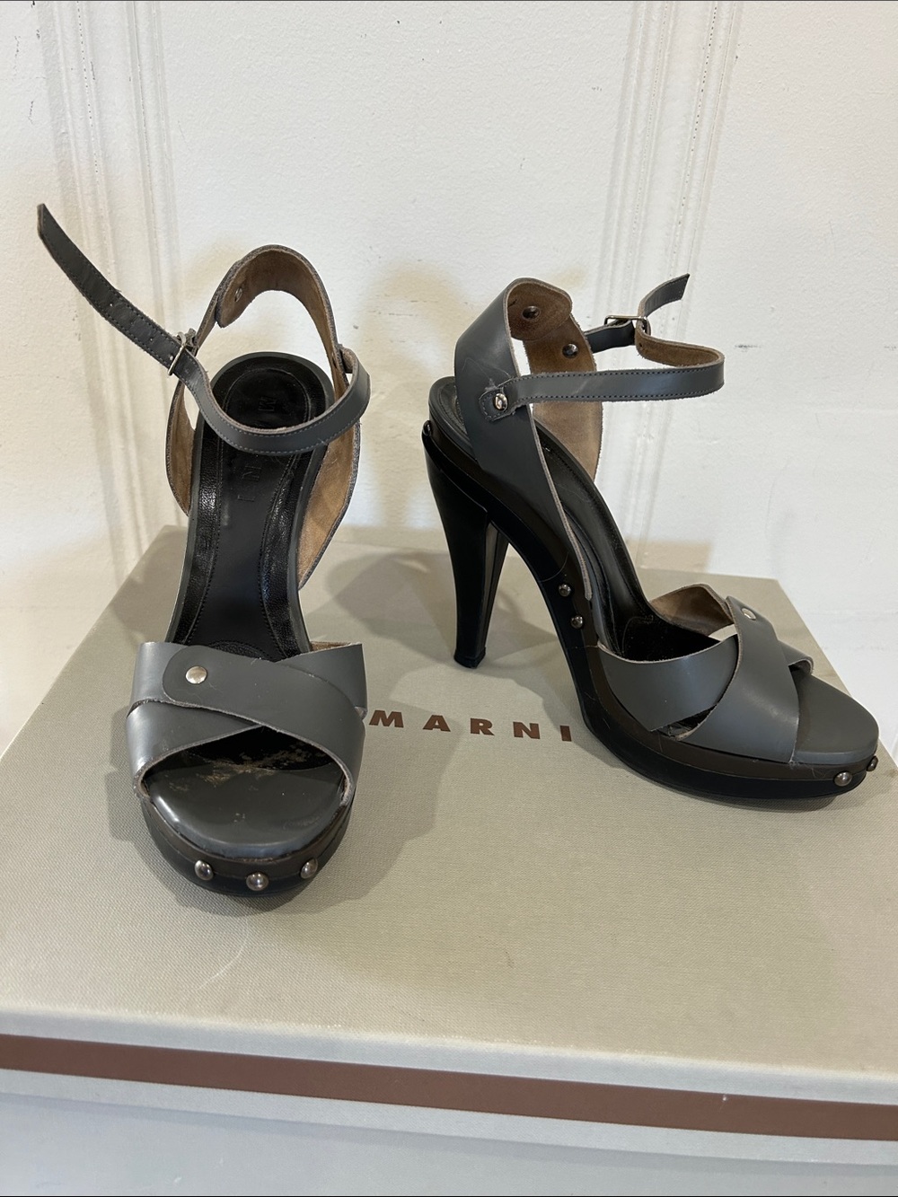 Marni Gray Leather Platform High-Heel Sandals with Stud Details